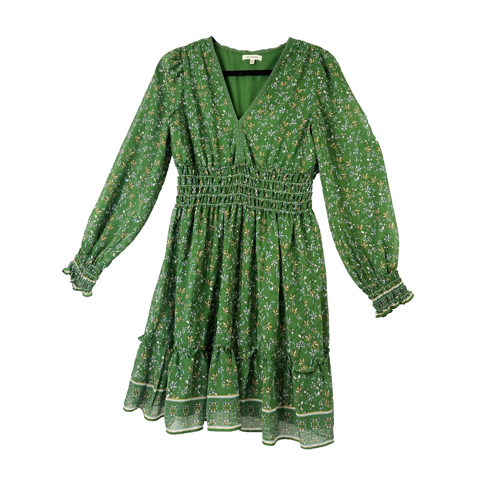 Max Studio Floral Mini Dress M Green Boho Smocked Waist Long Sleeve Cottagecore